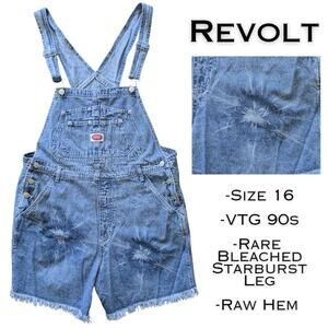 Revolt 90s Y2K Denim Bib Overall Shorts 16 Blue Jean Raw Hem Bleached Starburst